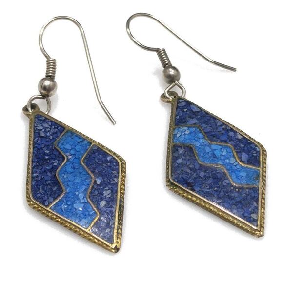 Vintage Alpaca Mexico Inlay Earrings Blue Turquoise Silver Diamond Shape Dangle - Picture 8 of 9